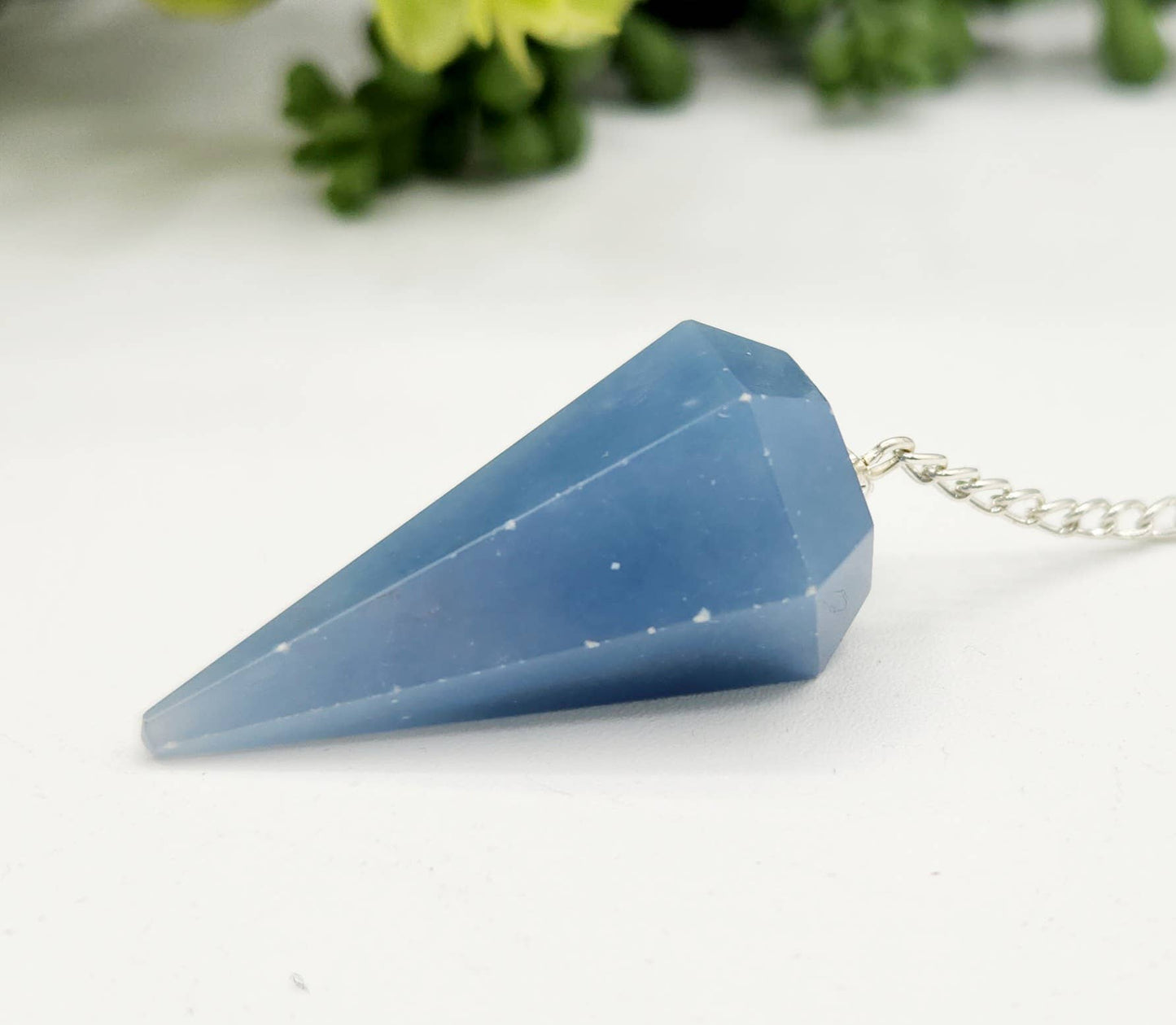 Angelite Pendulum w/Silver Plated Chain & Clear Quartz Bead