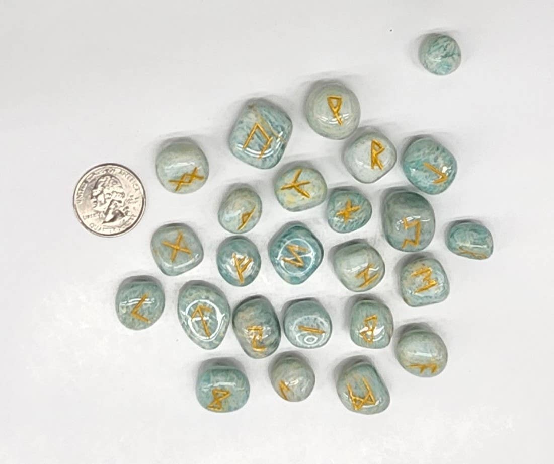 Amazonite Semi-Precious Gemstone Rune Sets with Velvet Pouch