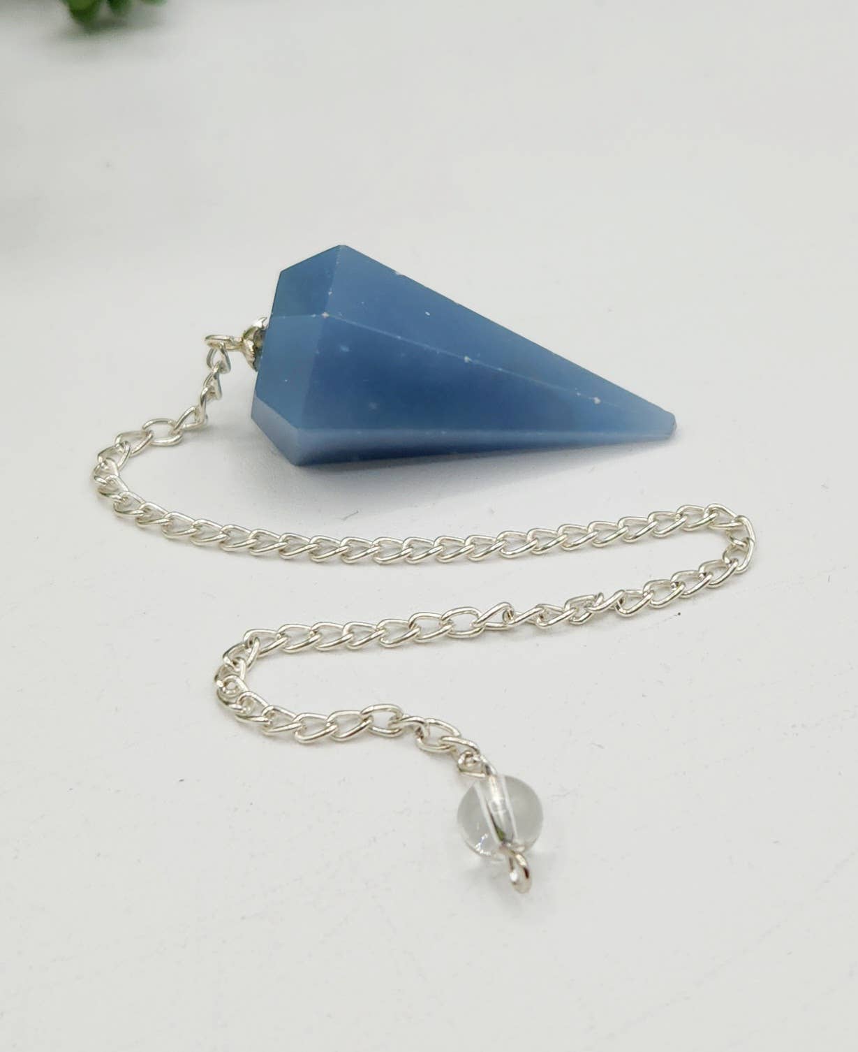 Angelite Pendulum w/Silver Plated Chain & Clear Quartz Bead