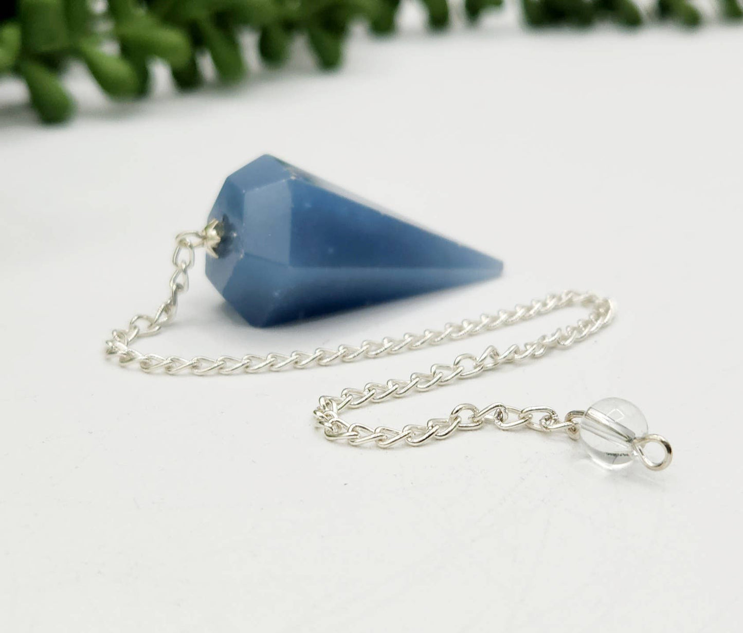 Angelite Pendulum w/Silver Plated Chain & Clear Quartz Bead