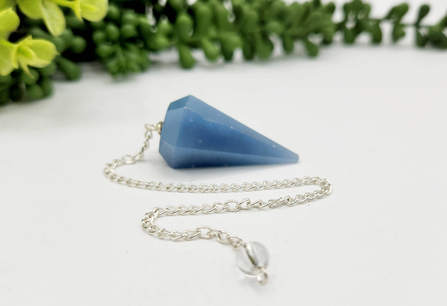 Angelite Pendulum w/Silver Plated Chain & Clear Quartz Bead