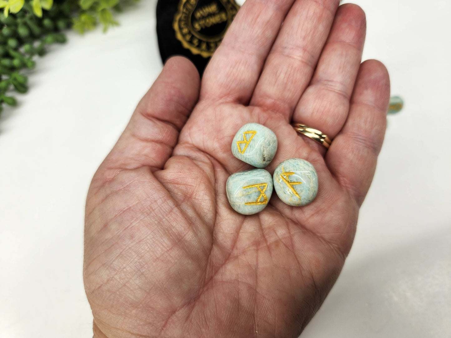 Amazonite Semi-Precious Gemstone Rune Sets with Velvet Pouch
