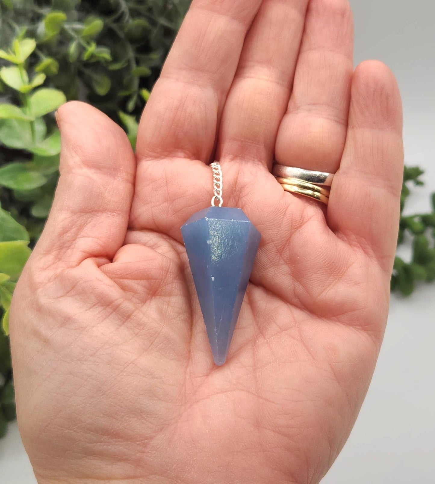 Angelite Pendulum w/Silver Plated Chain & Clear Quartz Bead
