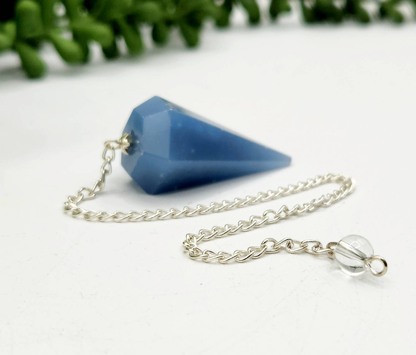 Angelite Pendulum w/Silver Plated Chain & Clear Quartz Bead