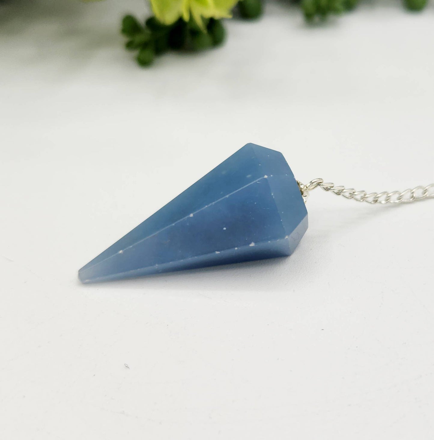 Angelite Pendulum w/Silver Plated Chain & Clear Quartz Bead
