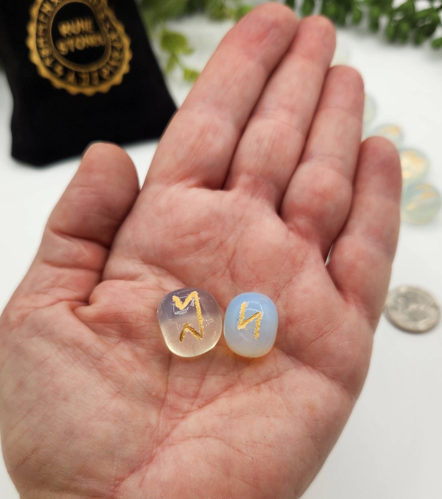 Opalite Semi-Precious Gemstone Rune Sets & Velvet Pouch