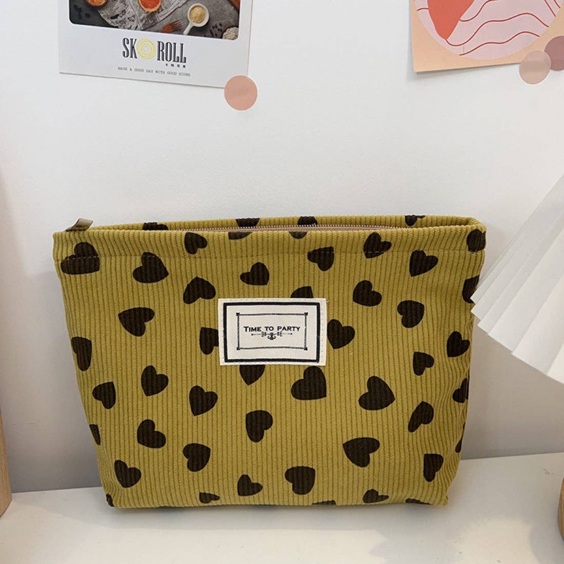 Cosbai - Corduroy Heart Pattern Toiletry Bag