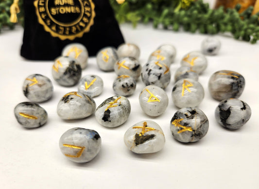 Rainbow Moonstone Gemstone Rune Sets with Velvet Pouch