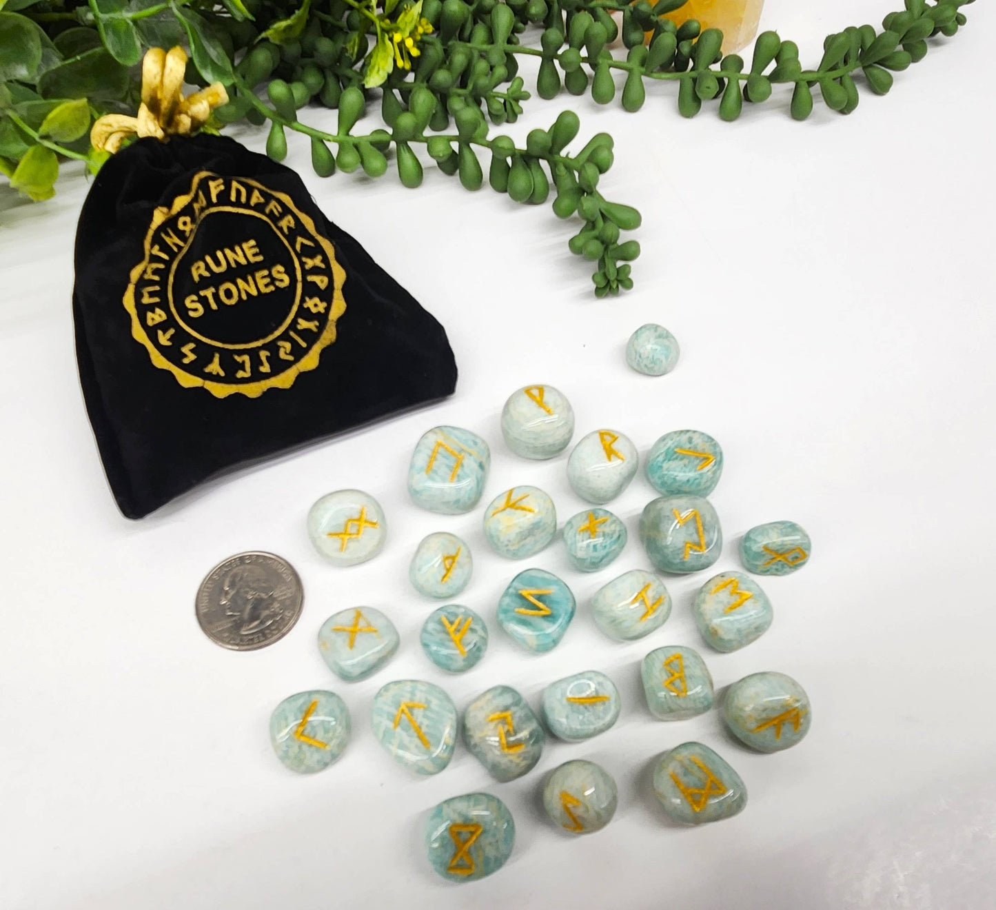 Amazonite Semi-Precious Gemstone Rune Sets with Velvet Pouch