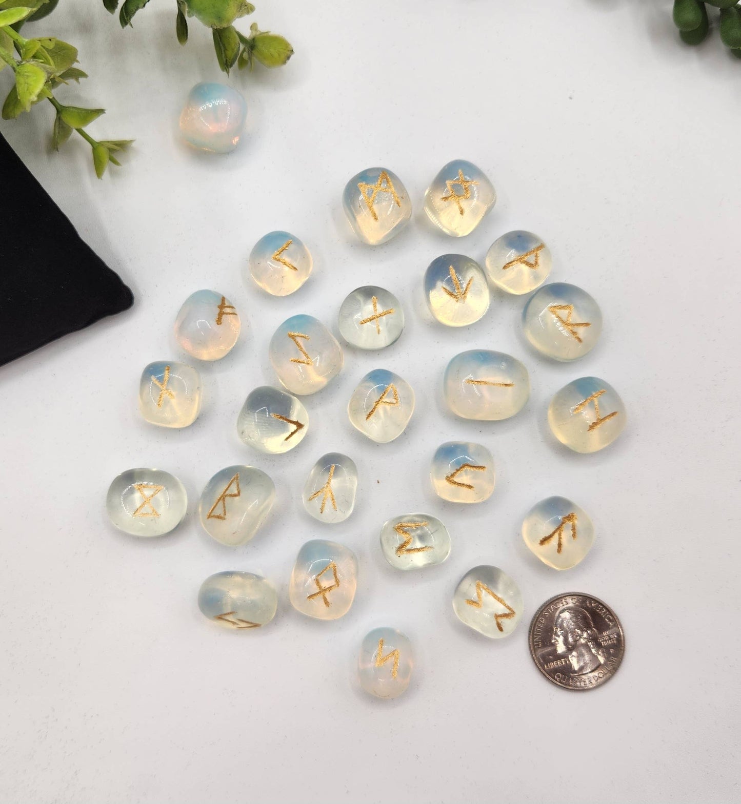Opalite Semi-Precious Gemstone Rune Sets  & Velvet Pouch