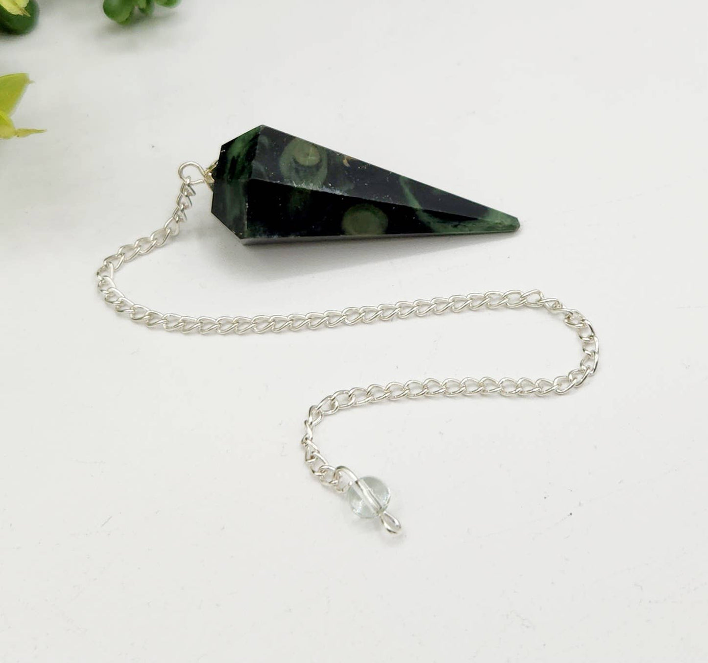 Kambaba Jasper Pendulum w/Silver Plated Chain & Clear Quartz