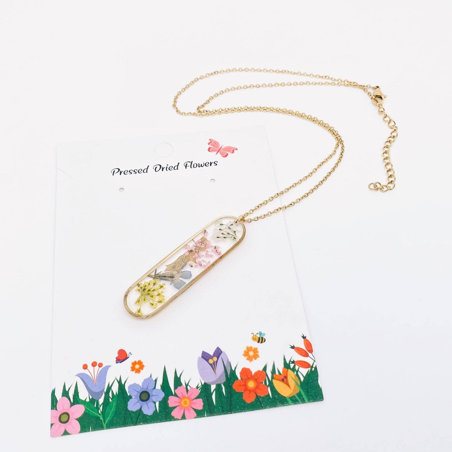 Long Ellipse Charm Dried Flowers Necklace - PDF