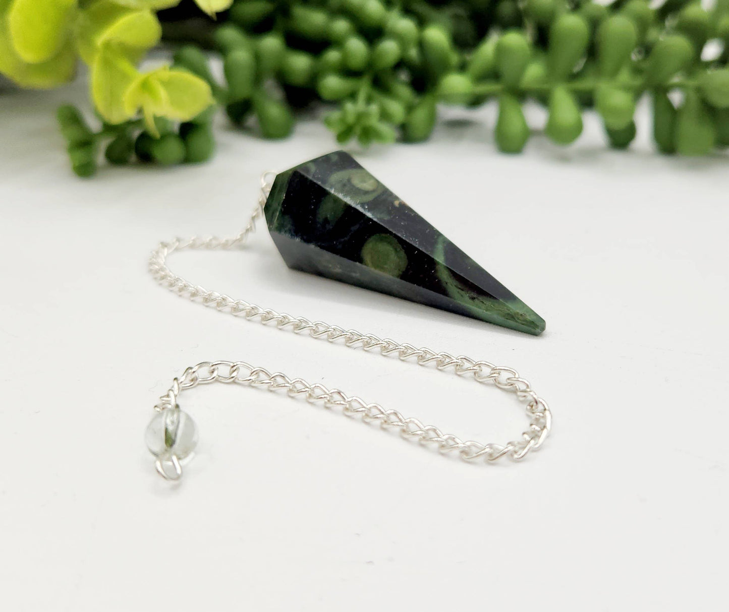 Kambaba Jasper Pendulum w/Silver Plated Chain & Clear Quartz