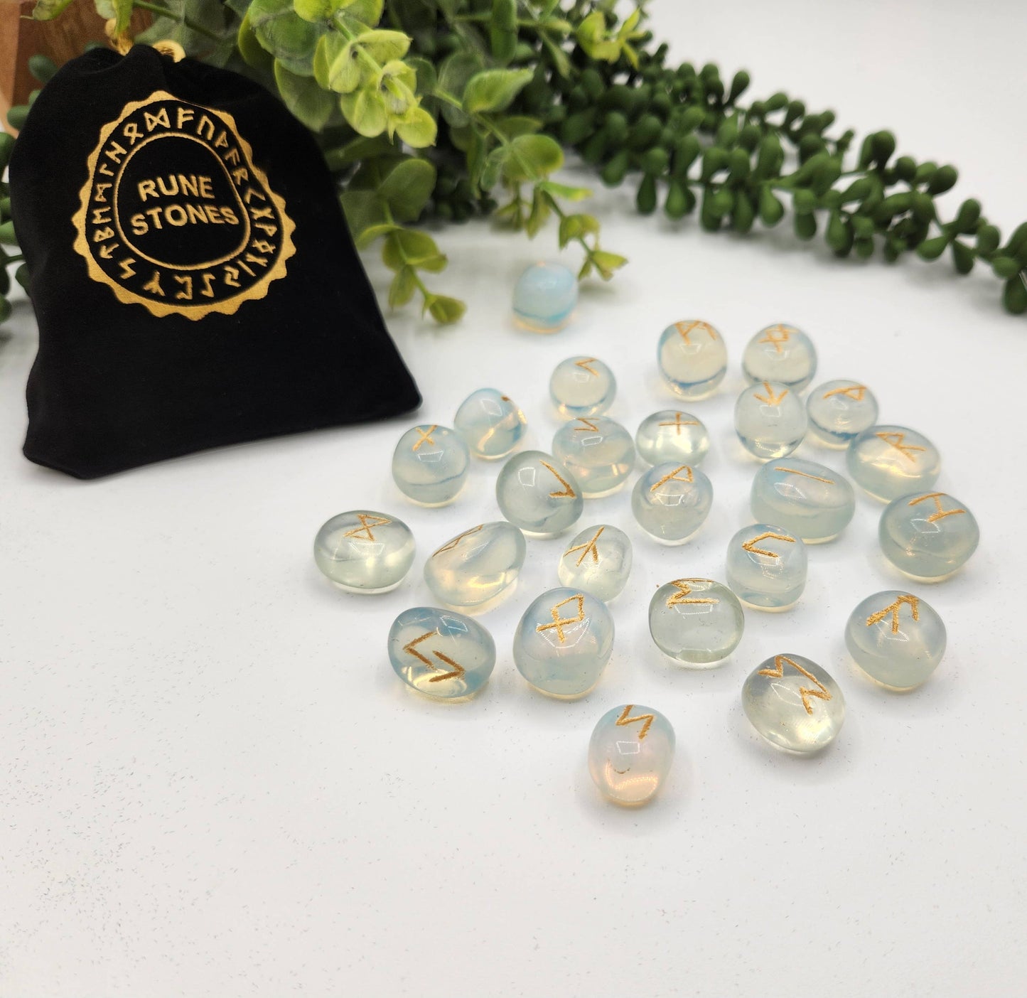 Opalite Semi-Precious Gemstone Rune Sets  & Velvet Pouch