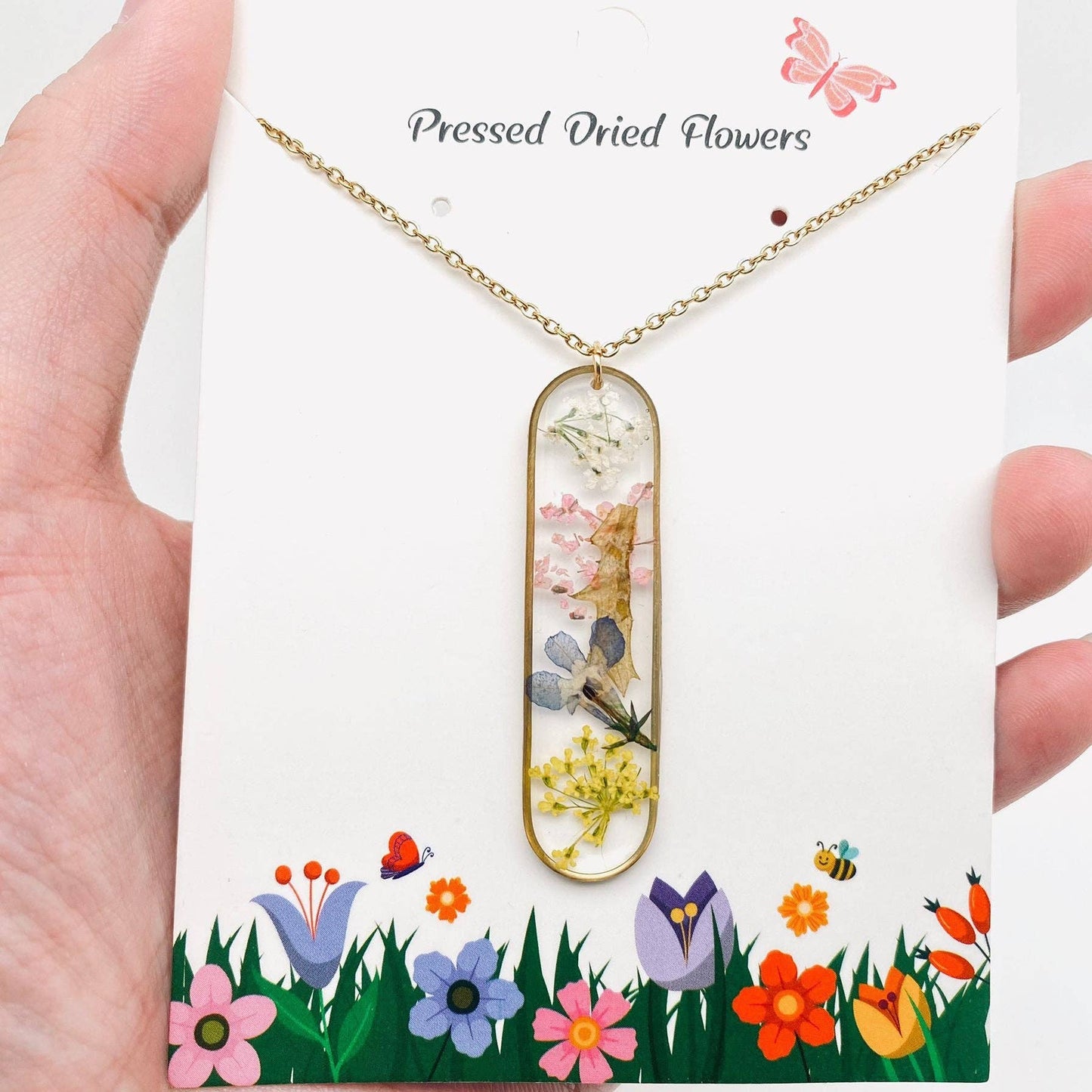 Long Ellipse Charm Dried Flowers Necklace - PDF