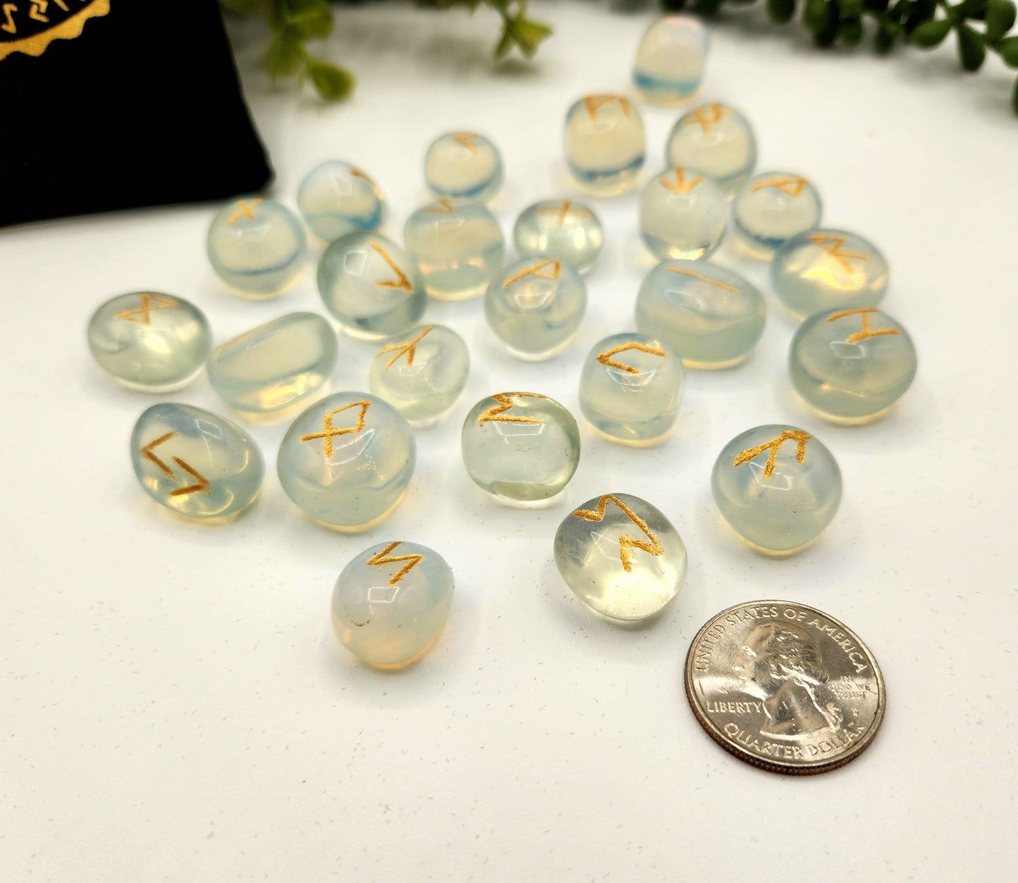 Opalite Semi-Precious Gemstone Rune Sets  & Velvet Pouch