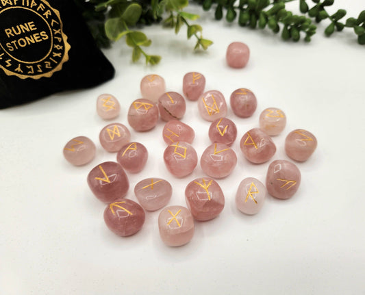 Rose Quartz Semi-Precious Gemstone Rune Sets  & Velvet Pouch