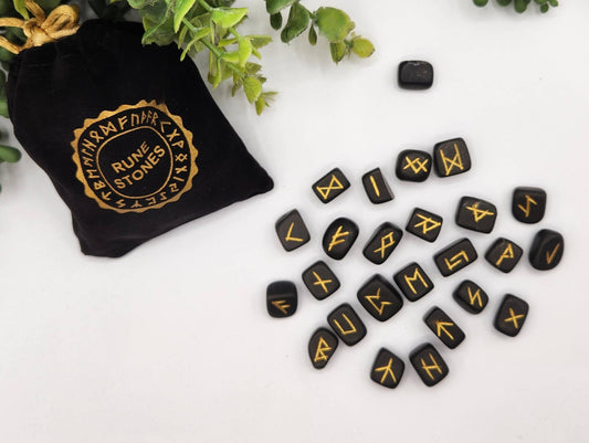 Shungite Semi-Precious Gemstone Rune Sets with Velvet Pouch