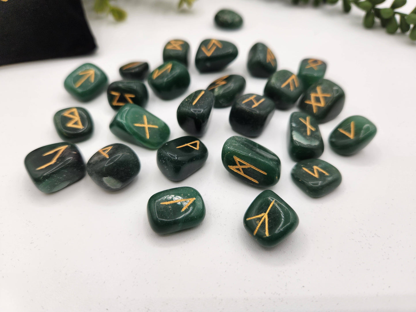 Jade Semi-Precious Gemstone Rune Sets with Velvet Pouch