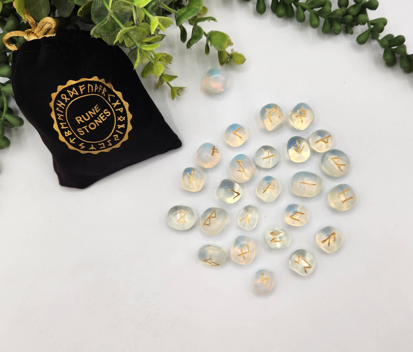 Opalite Semi-Precious Gemstone Rune Sets  & Velvet Pouch