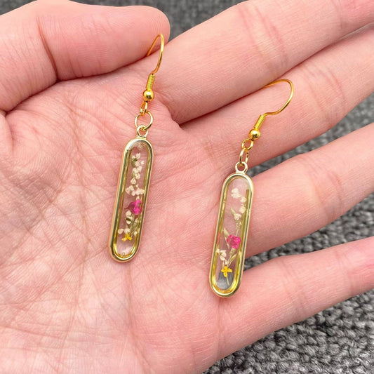 Dried Flower Long Oval Charm Dangle Earrings - PDF