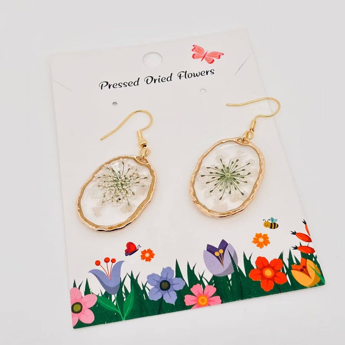 Queen Anne's Lace Dried Flowers Irregular Oval Earrings- PDF