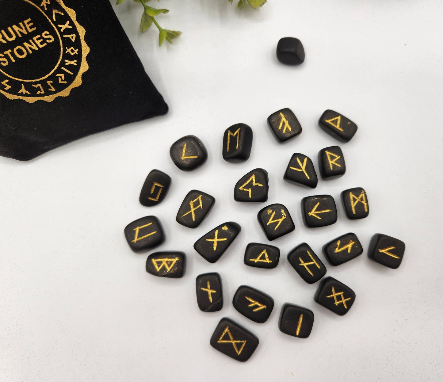 Shungite Semi-Precious Gemstone Rune Sets with Velvet Pouch