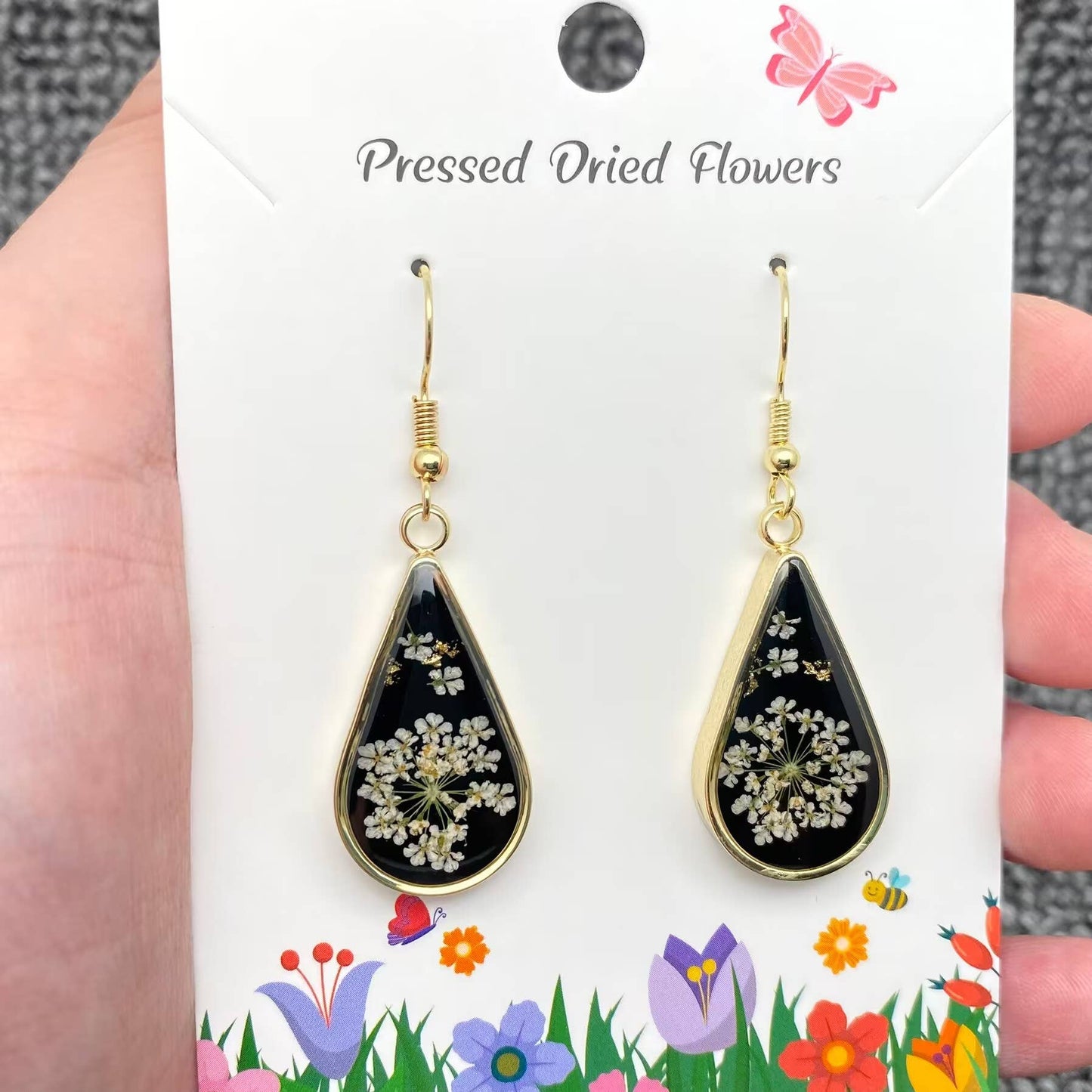 Queen Anne's Lace Dried Flower Black Droplet Earrings - PDF