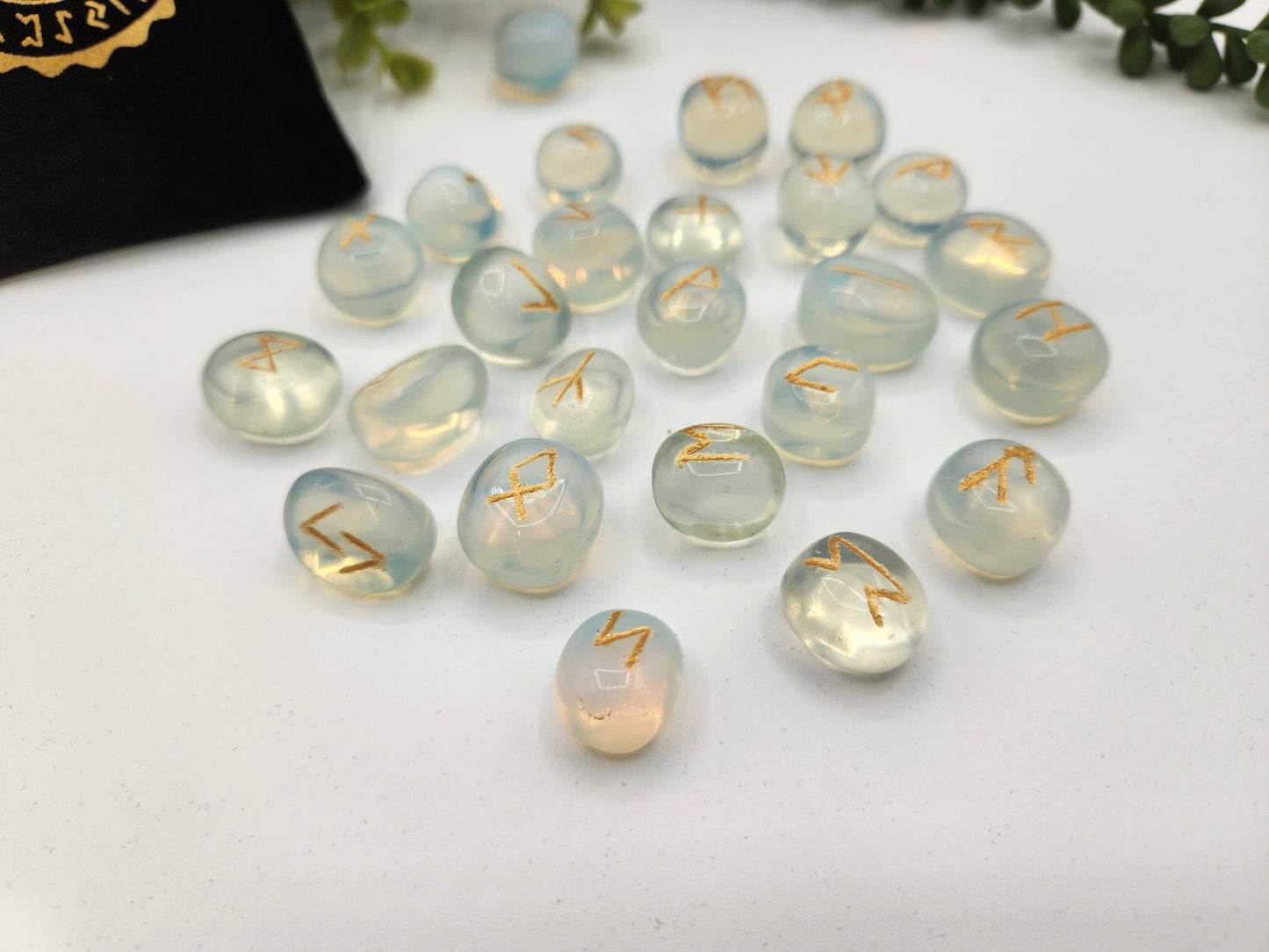 Opalite Semi-Precious Gemstone Rune Sets  & Velvet Pouch