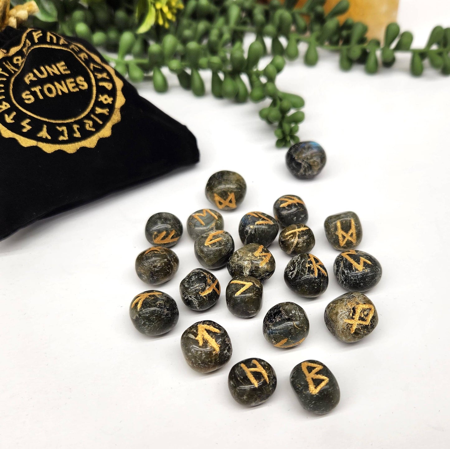 Labradorite Gemstone Rune Sets with Velvet Pouch