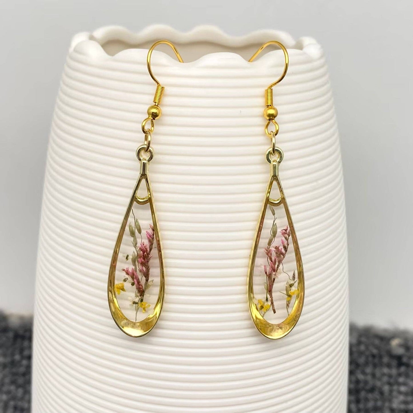 Floral Drop Charm Pressed Dried Flowers Earrings - PDF