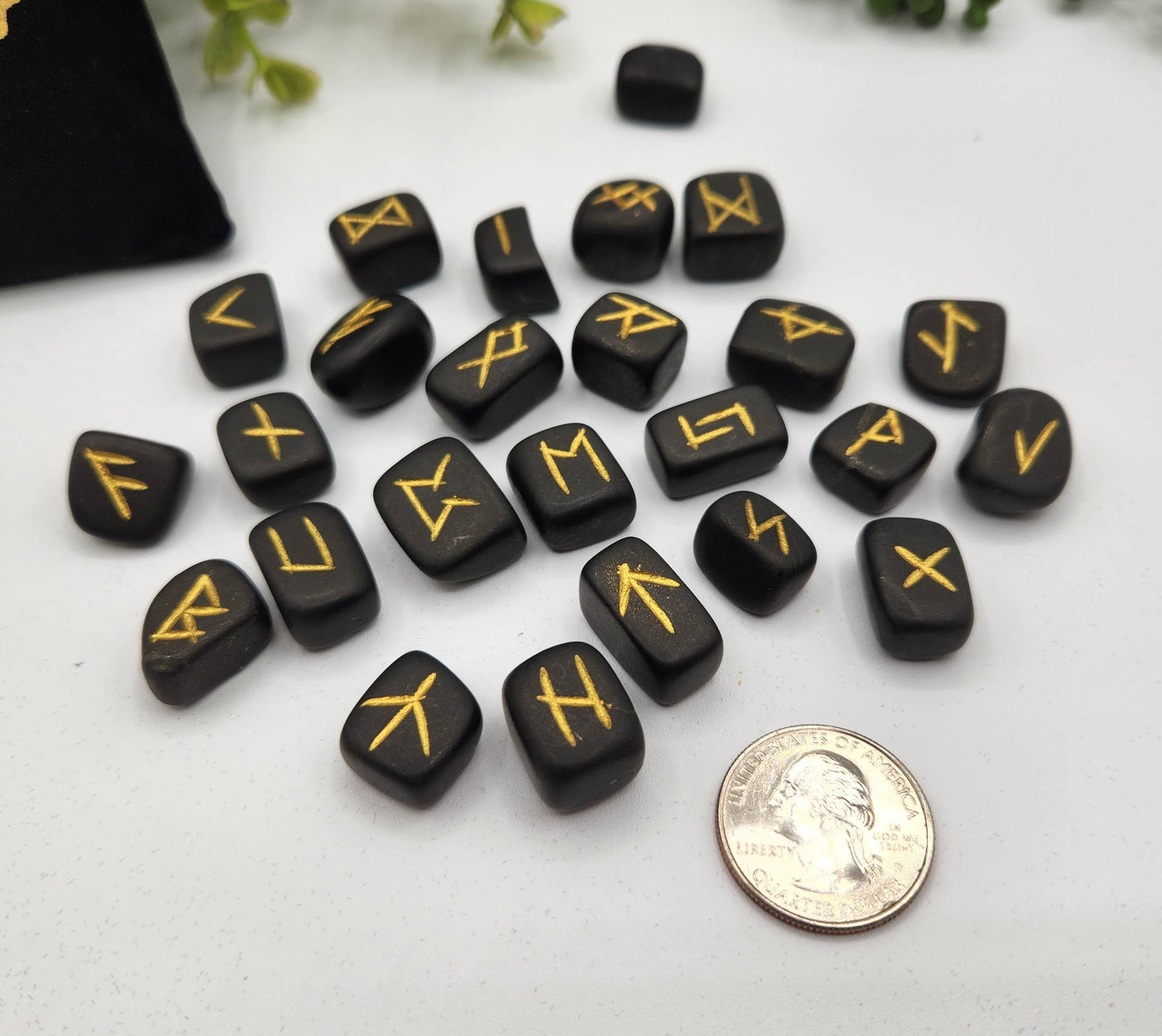 Shungite Semi-Precious Gemstone Rune Sets with Velvet Pouch