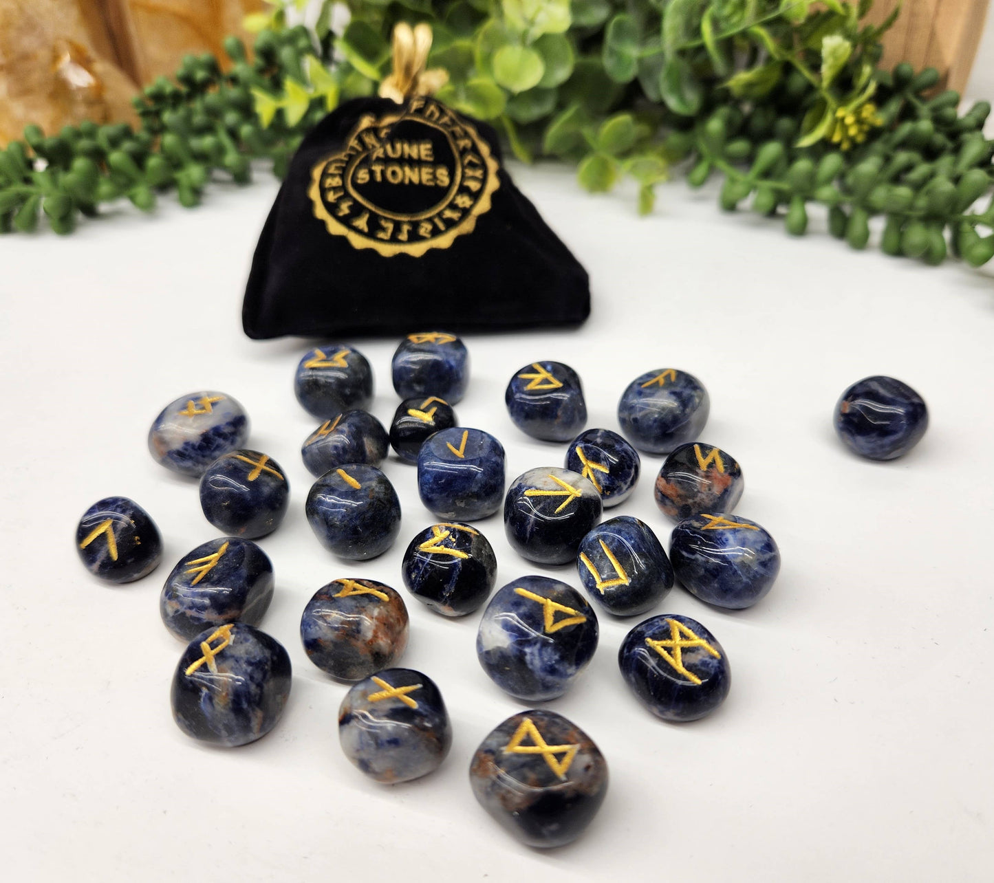 Sodalite Semi-Precious Gemstone Rune Sets with Velvet Pouch