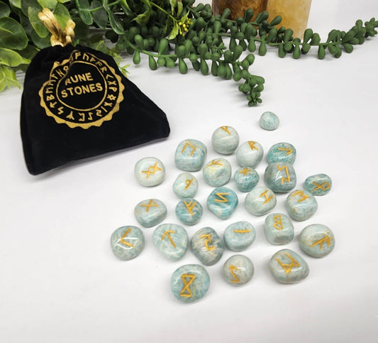 Amazonite Semi-Precious Gemstone Rune Sets with Velvet Pouch