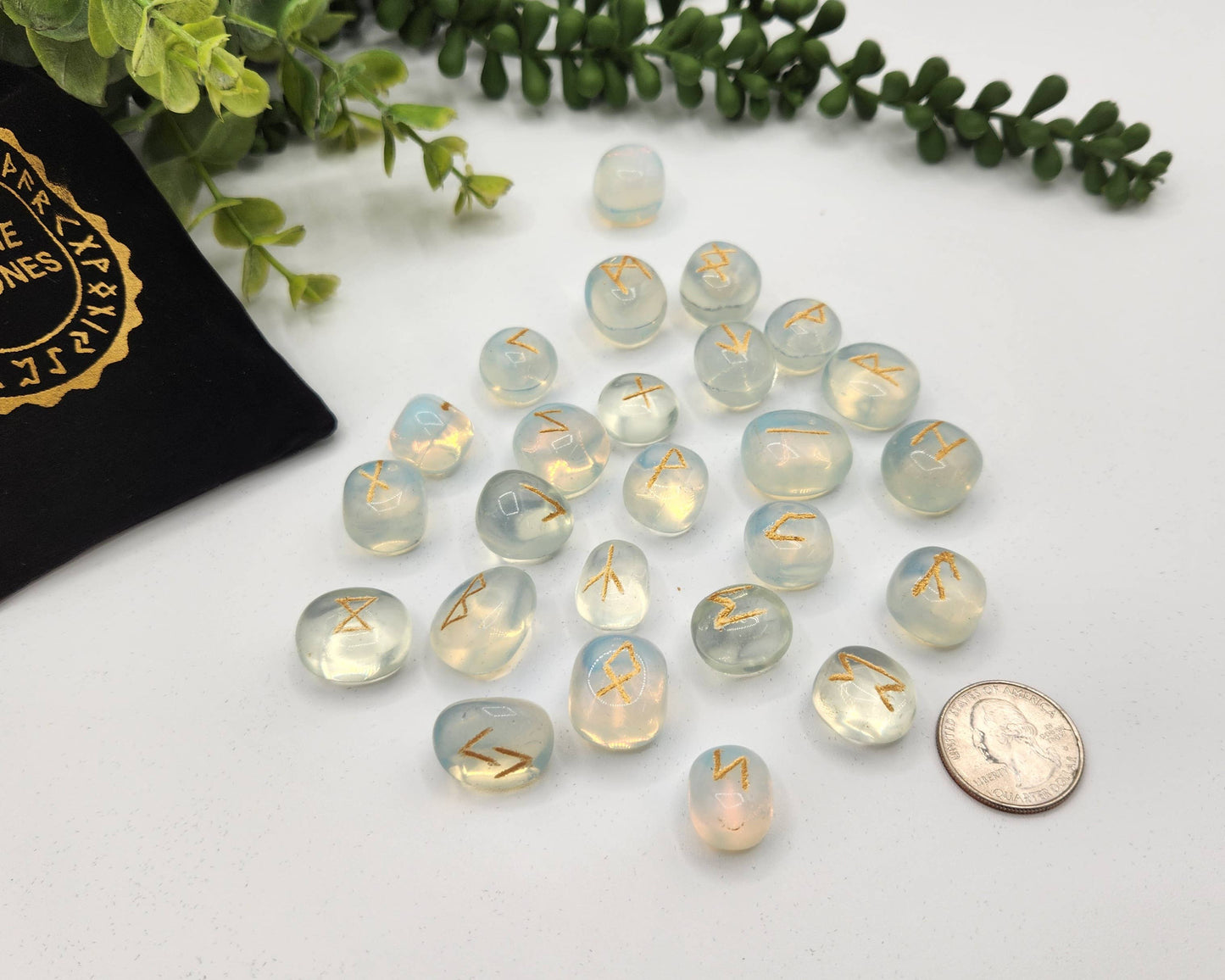 Opalite Semi-Precious Gemstone Rune Sets  & Velvet Pouch