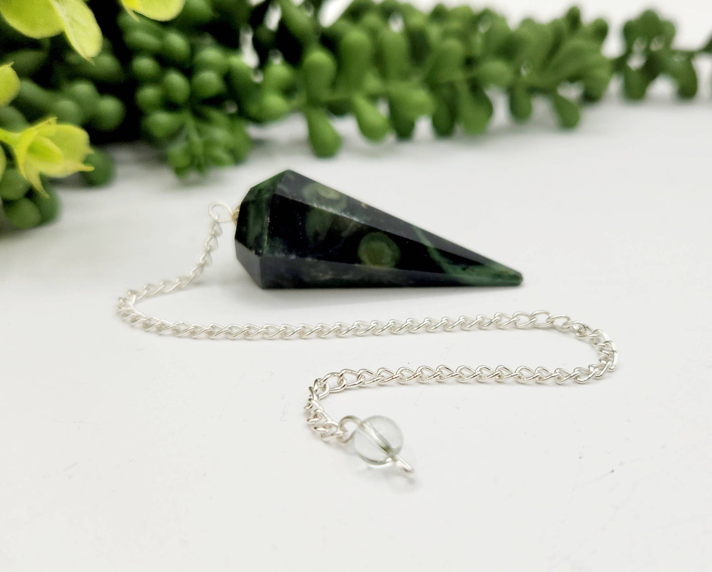 Kambaba Jasper Pendulum w/Silver Plated Chain & Clear Quartz