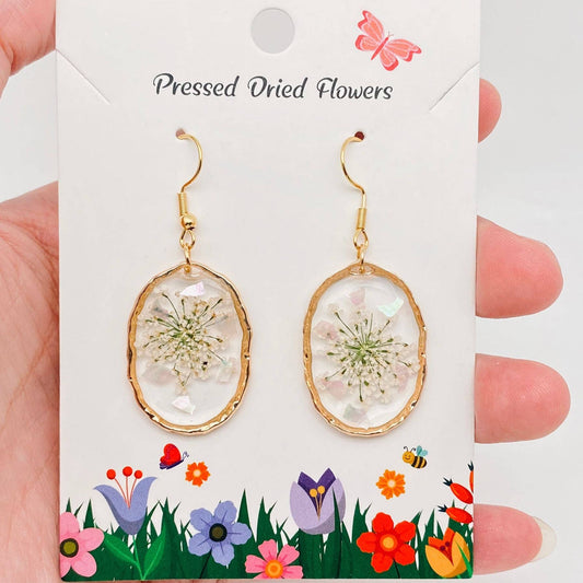 Queen Anne's Lace Dried Flowers Irregular Oval Earrings- PDF