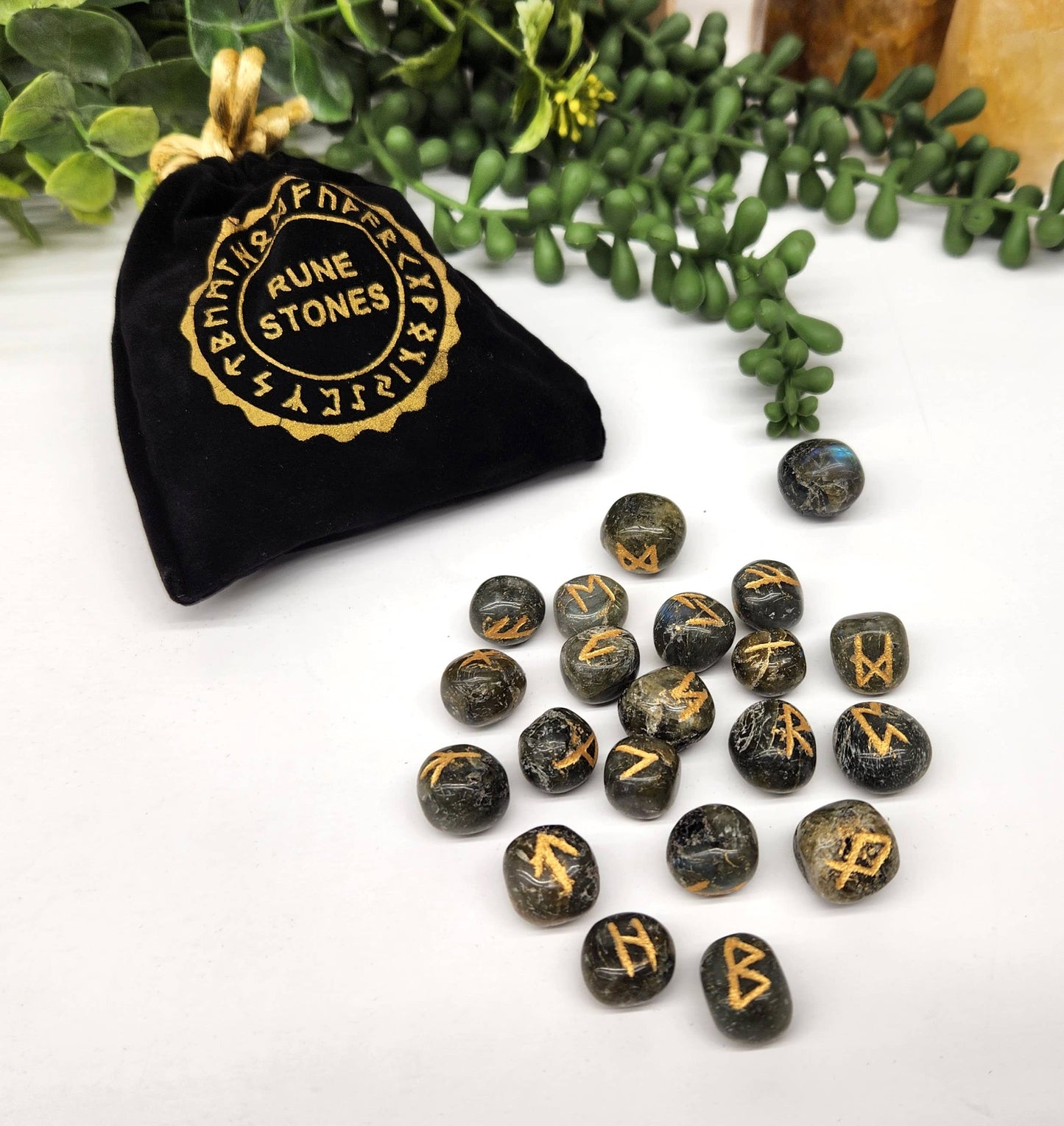 Labradorite Gemstone Rune Sets with Velvet Pouch