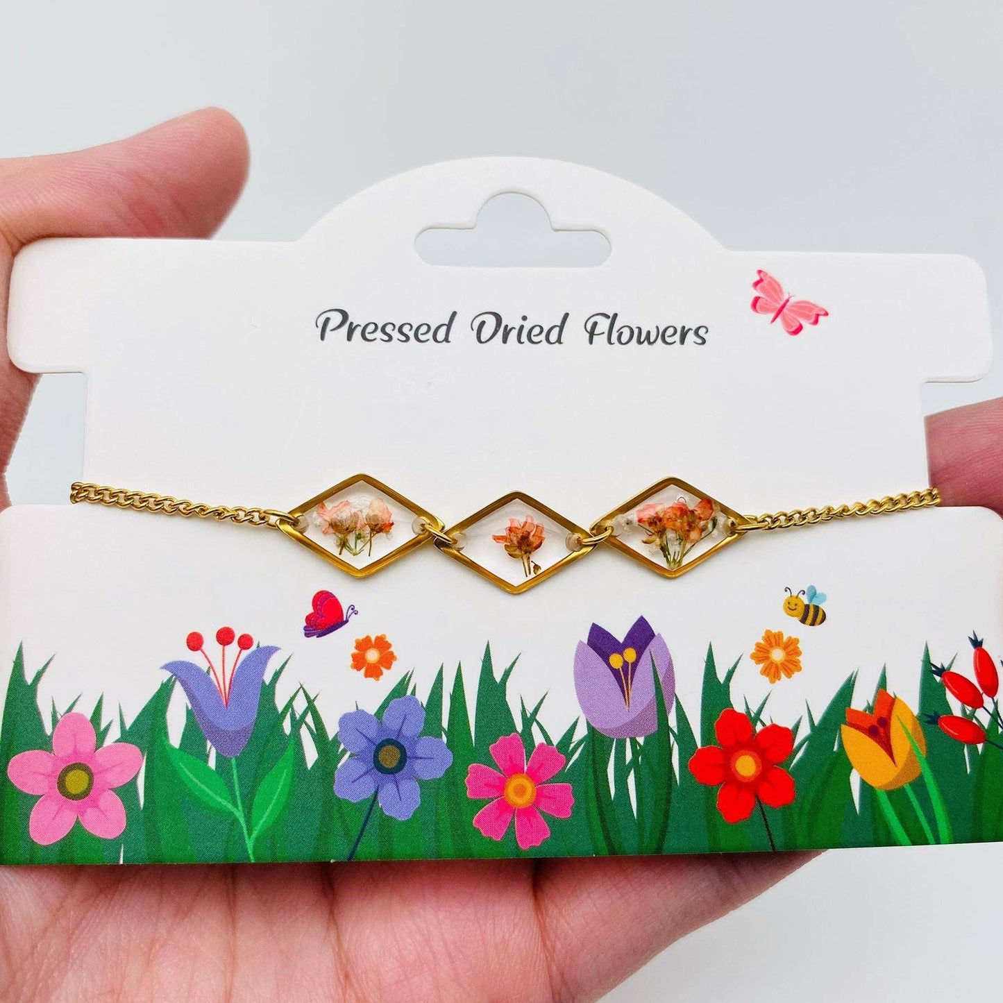 Dried Flowers Floral Geometric Charm Golden Bracelet - PDF
