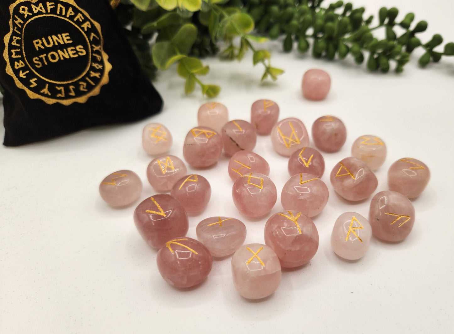 Rose Quartz Semi-Precious Gemstone Rune Sets  & Velvet Pouch