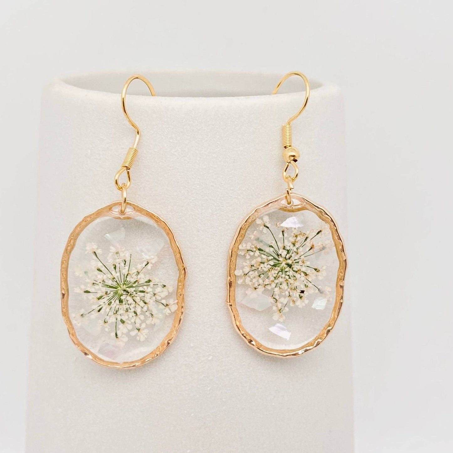 Queen Anne's Lace Dried Flowers Irregular Oval Earrings- PDF