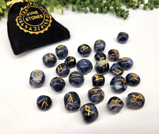 Sodalite Semi-Precious Gemstone Rune Sets with Velvet Pouch