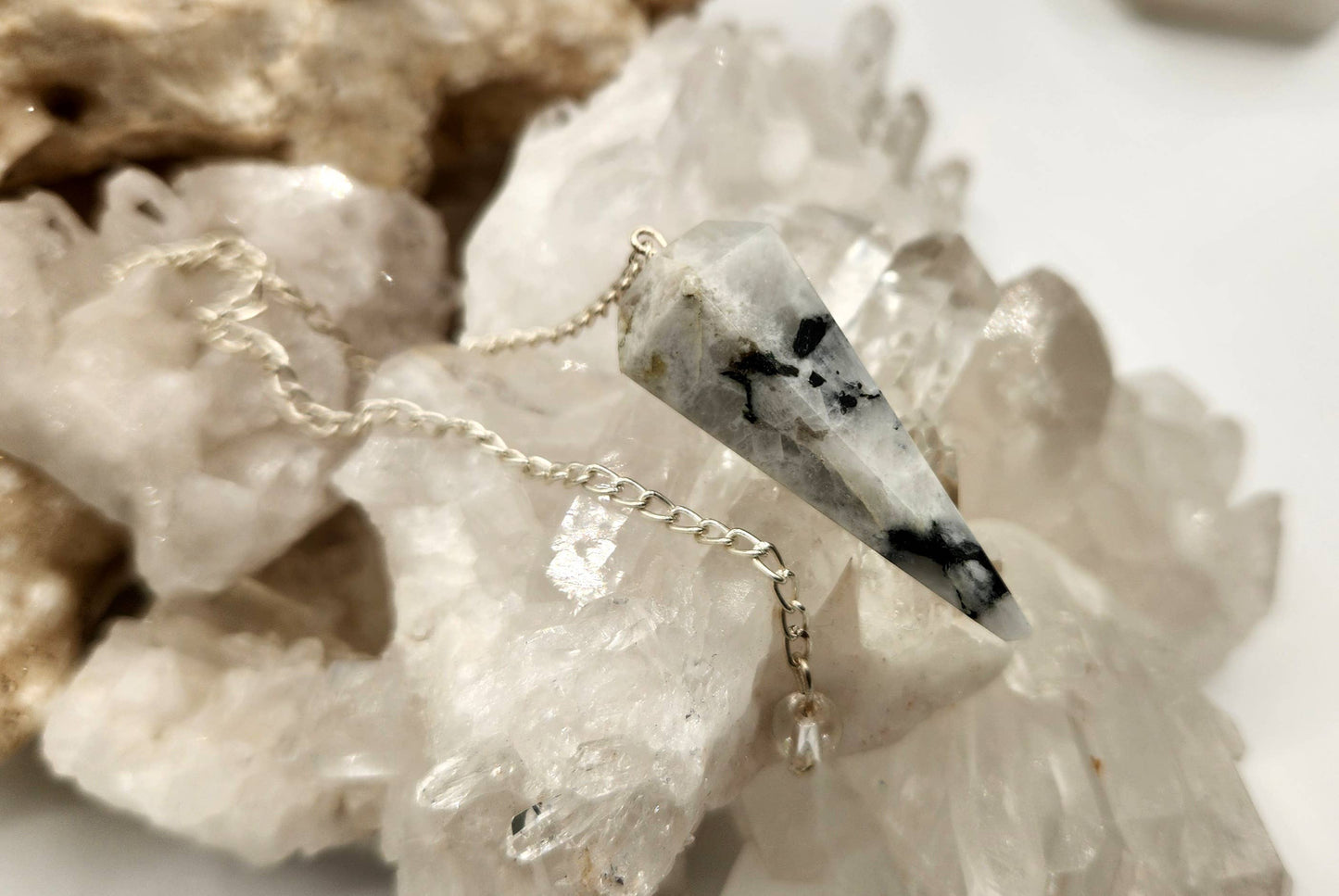 Rainbow Moonstone Gemstone Pendulum w/Silver Plated Chain