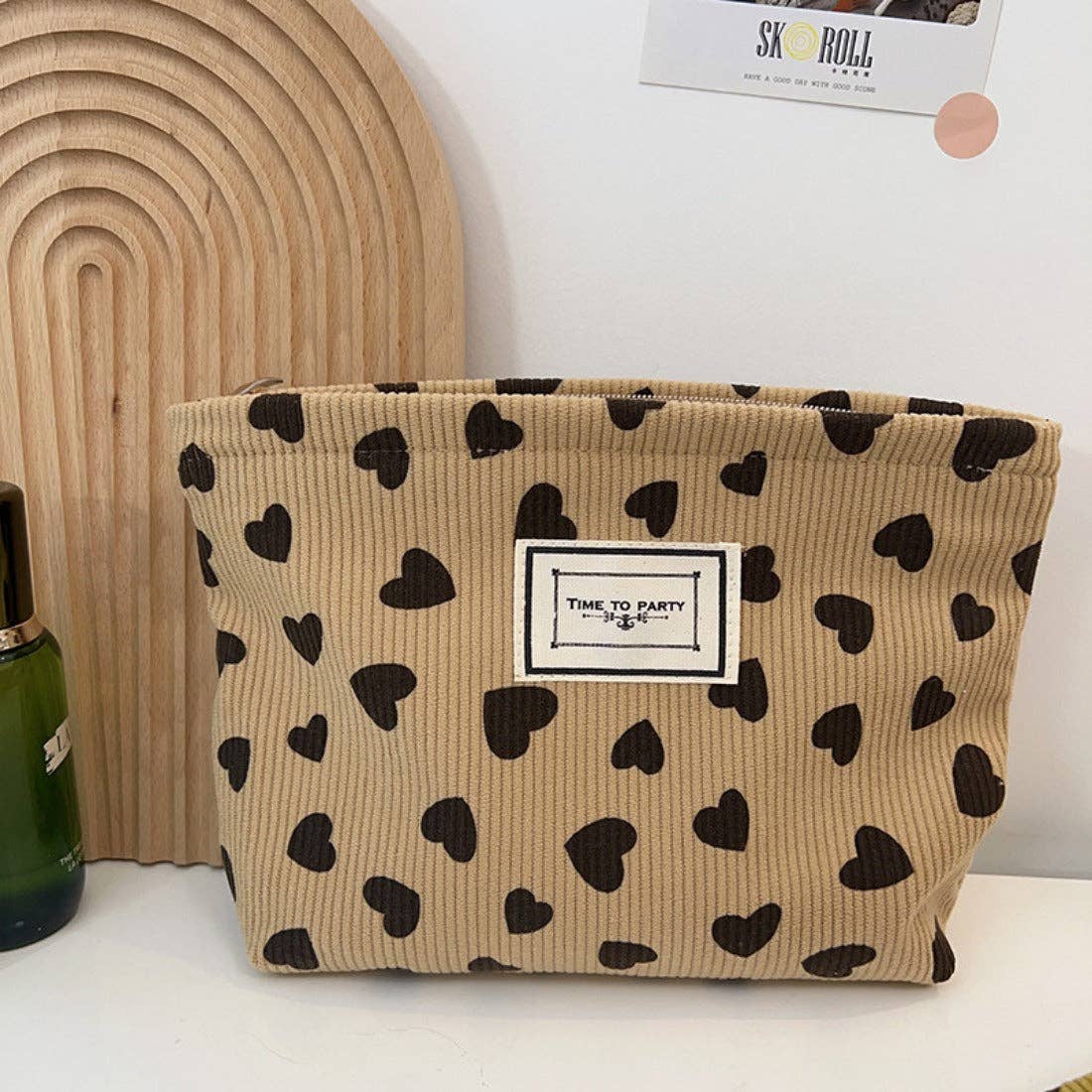 Cosbai - Corduroy Heart Pattern Toiletry Bag