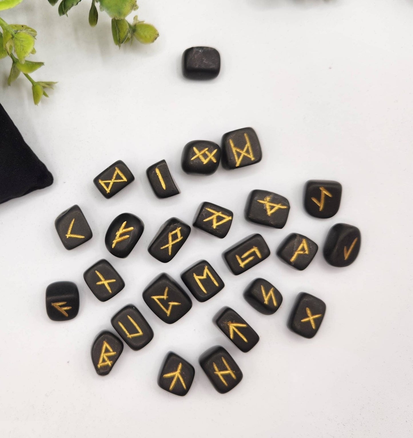 Shungite Semi-Precious Gemstone Rune Sets with Velvet Pouch
