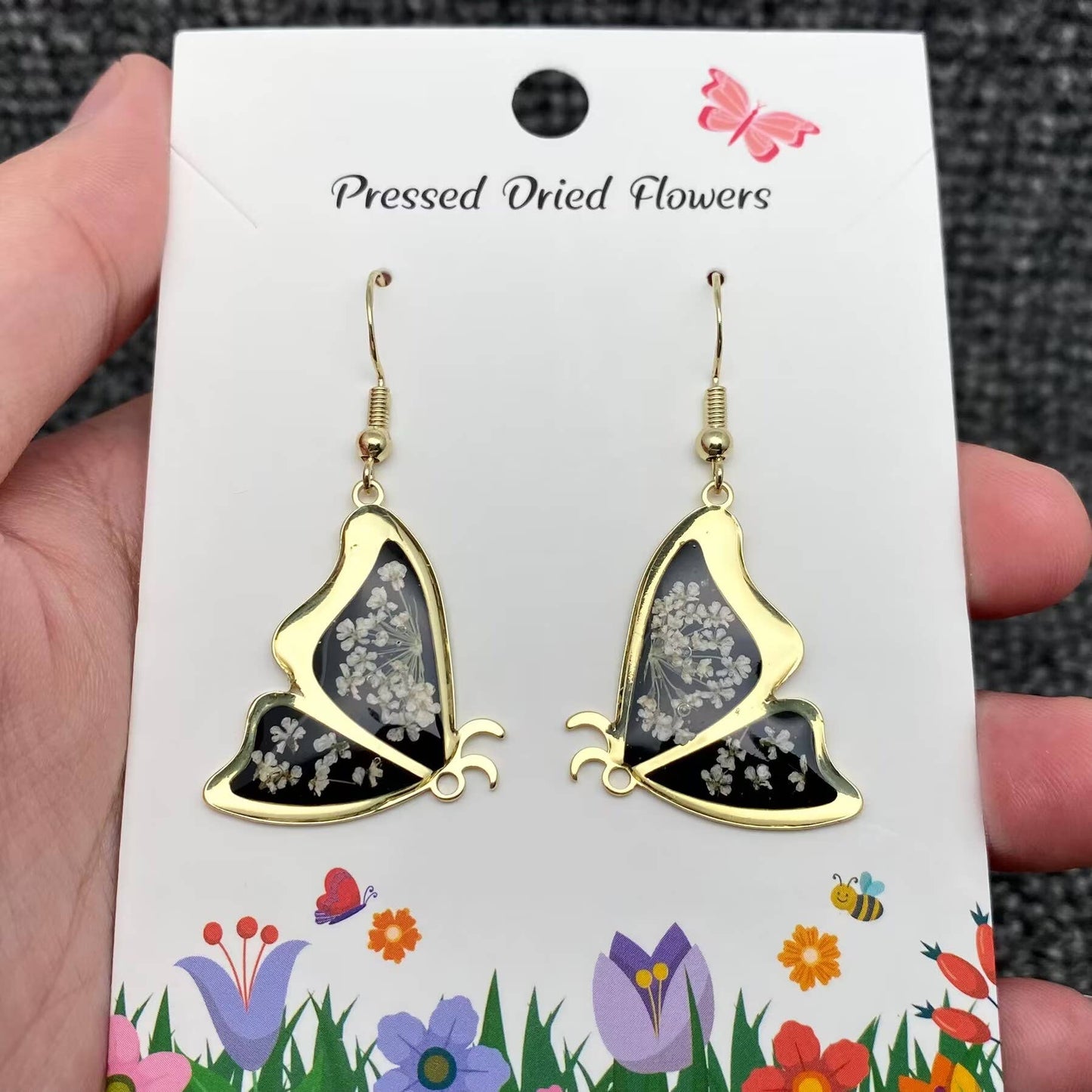 Queen Anne's Lace Dried Flower Black Butterfly Earrings -PDF