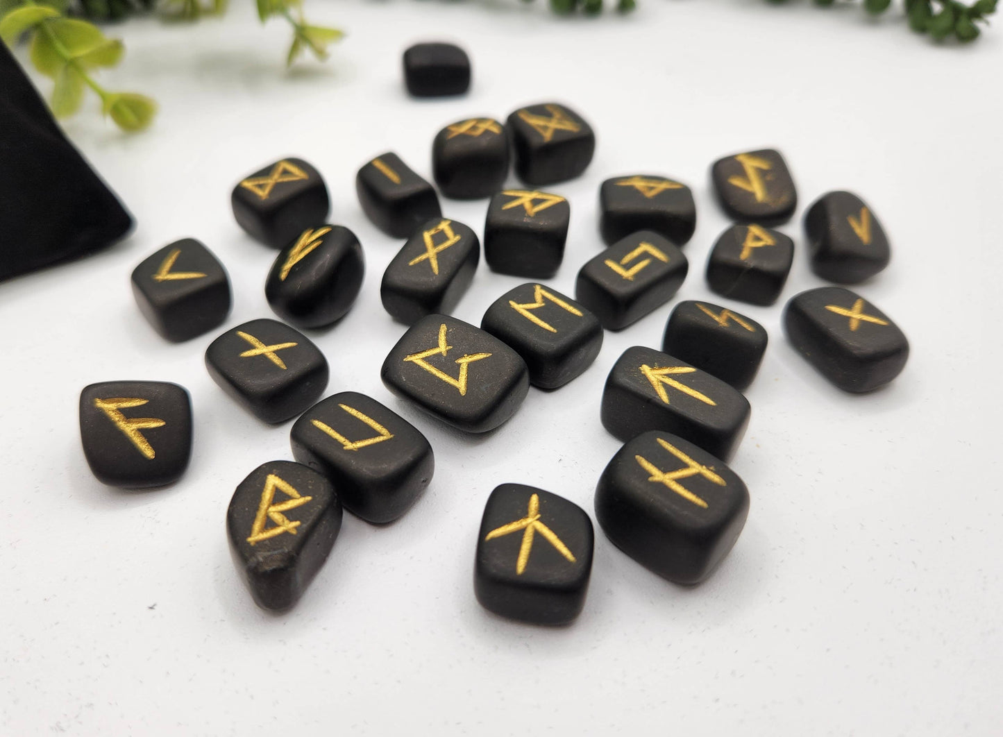 Shungite Semi-Precious Gemstone Rune Sets with Velvet Pouch