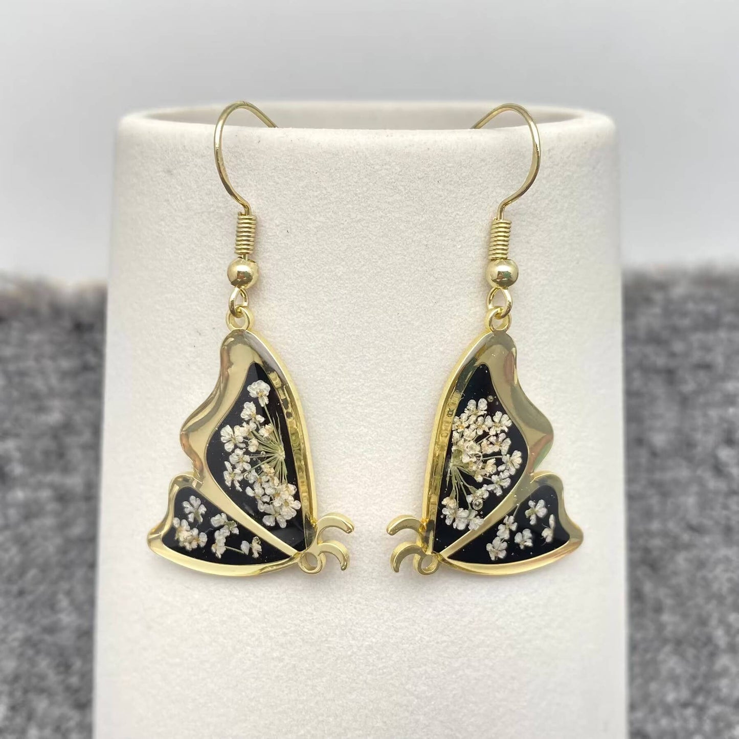 Queen Anne's Lace Dried Flower Black Butterfly Earrings -PDF