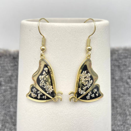 Queen Anne's Lace Dried Flower Black Butterfly Earrings -PDF