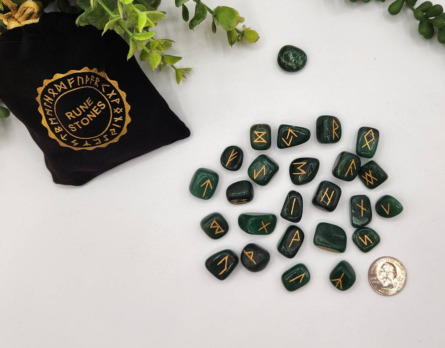 Jade Semi-Precious Gemstone Rune Sets with Velvet Pouch